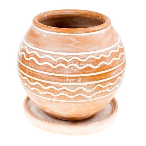 Terracotta plant pot with saucer, wave pattern (CJW015)