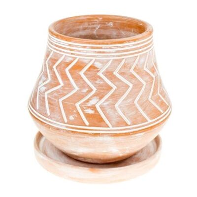 Terracotta plant pot with saucer, zigzag pattern (CJW016)