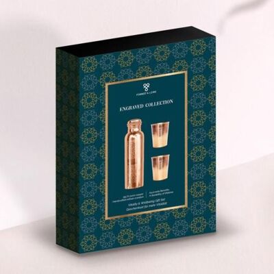 Copper bottle and cups gift set, engraved design (COPS01)