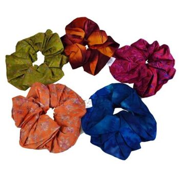 Chouchou pour cheveux, soie sari recyclée, couleurs assorties (CRC211) 1