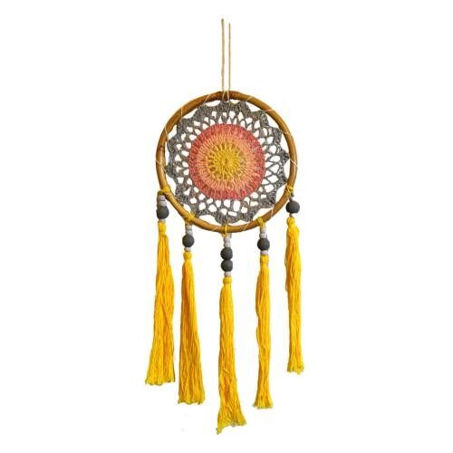 Dreamcatcher on bamboo frame, yellow tassels, blue pink yellow inner, diameter 17cm (DCC22)
