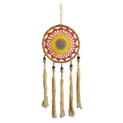 Dreamcatcher on bamboo frame, cream tassels, pink yellow blue inner, diameter 17cm (DCC23)