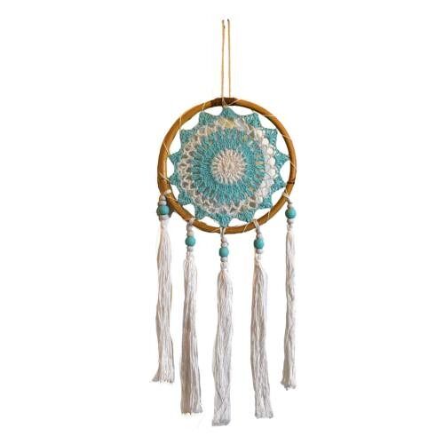 Dreamcatcher on bamboo frame, white tassels, turquoise white inner, diameter 17cm (DCC24)