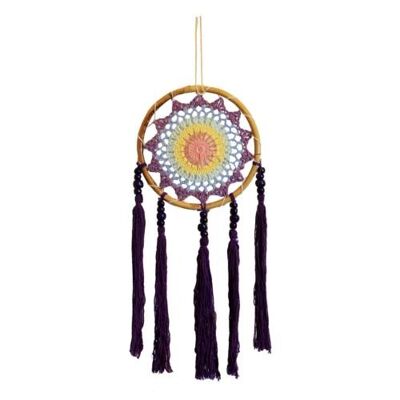 Dreamcatcher on bamboo frame, cream tassels, purple blue yellow inner, diameter 17cm (DCC26)