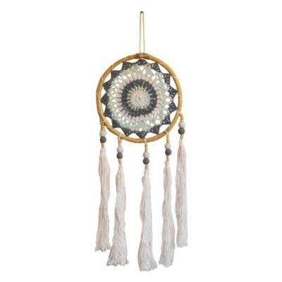 Dreamcatcher on bamboo frame, white tassels, grey green beige inner, diameter 17cm (DCC27)