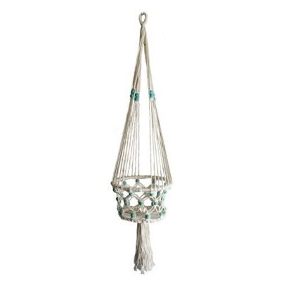 Hanging basket crochet blue beads 22cm diam 90cm length (DCW15)