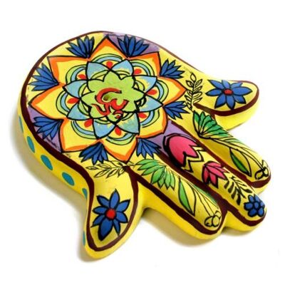 Incense holder, painted clay hamsa hand, lotus (DE05)