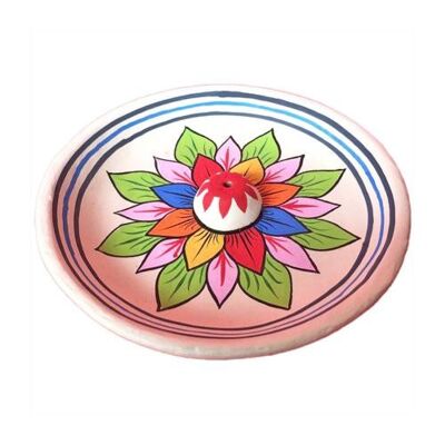 Incense holder/ashcatcher round, painted clay lotus design (DE12)