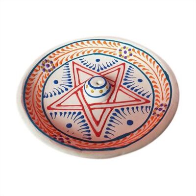 Incense holder/ashcatcher round, painted clay star design (DE13)