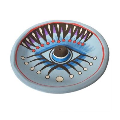 Incense holder/ashcatcher round, painted clay eye design (DE14)