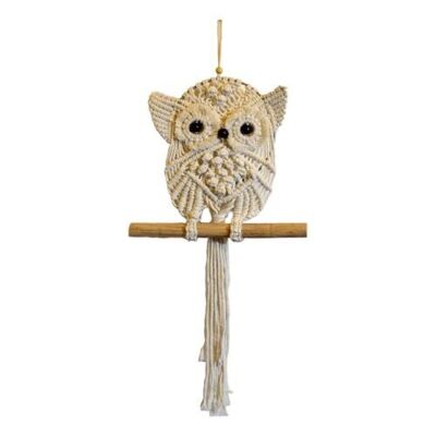 Macrame hanging cream owl on branch 22x22cm (DMC28)