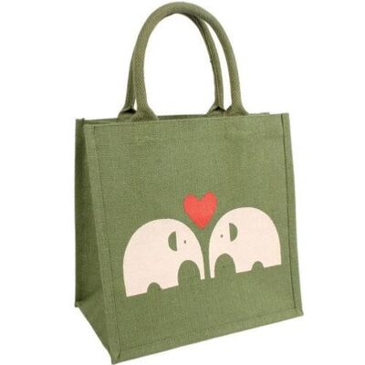 Jute shopping bag, green with elephants (EA1302)