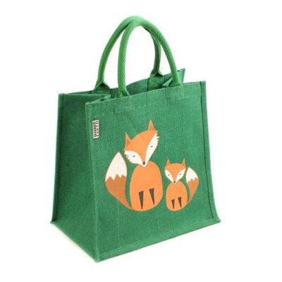 Jute shopping bag, green with foxes (EA1572)