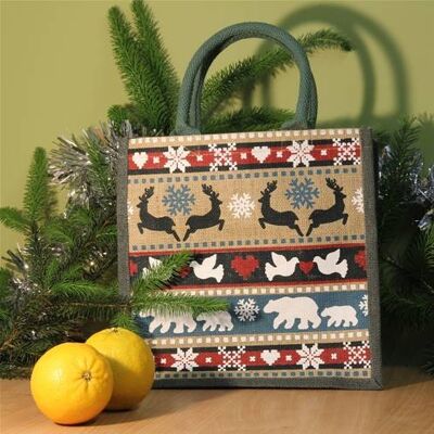 Jute shopping bag, square, Winter animals (EA1776)