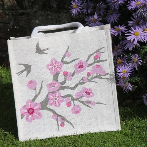 Jute shopping bag, square, cherry tree with swallows (EA1803)
