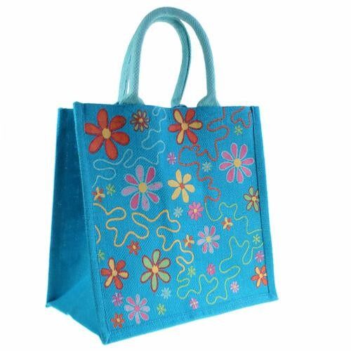 Jute shopping bag, flowers on blue (EA19704)