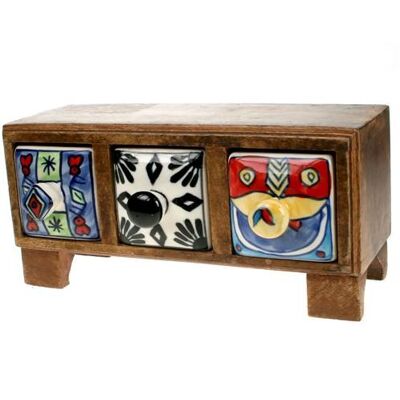 Wooden mini chest, 3 ceramic drawers (H003)