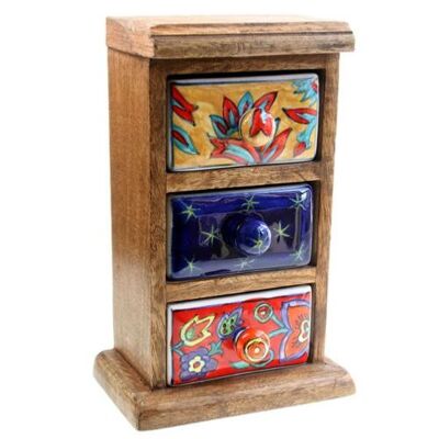 Wooden mini chest, 3 ceramic drawers (H005)