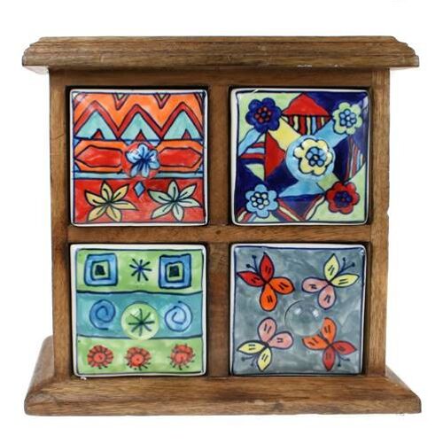 Wooden mini chest, 4 ceramic drawers (H007)