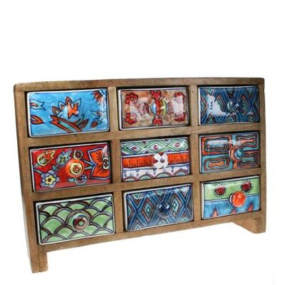 Wooden mini chest, 9 ceramic drawers (H010)