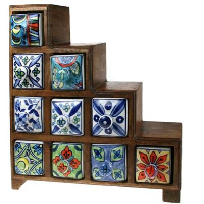 Wooden mini chest, 4+3+2+1 ceramic drawers (H011)