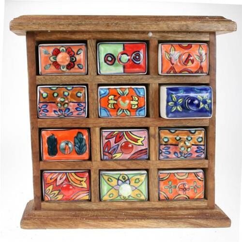 Wooden mini chest, 12 ceramic drawers (H012)