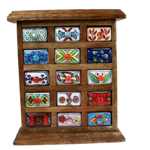 Wooden mini chest, 15 ceramic drawers (H014)