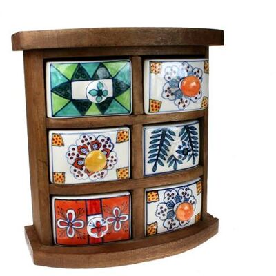 Wooden mini chest, 6 ceramic drawers (H015)