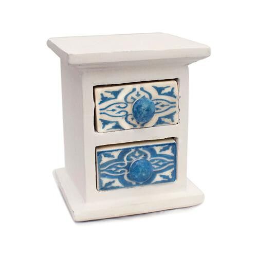 Wooden mini chest blue & white, 2 ceramic drawers (H020)