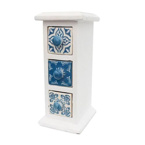 Wooden mini chest blue & white, 3 ceramic drawers (H021)