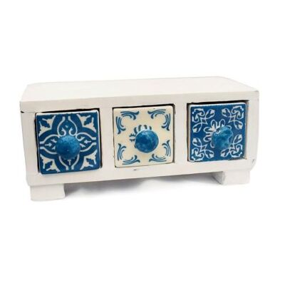 Wooden mini chest blue & white, 3 ceramic drawers (H022)