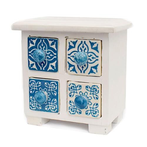 Wooden mini chest blue & white, 4 ceramic drawers (H023)