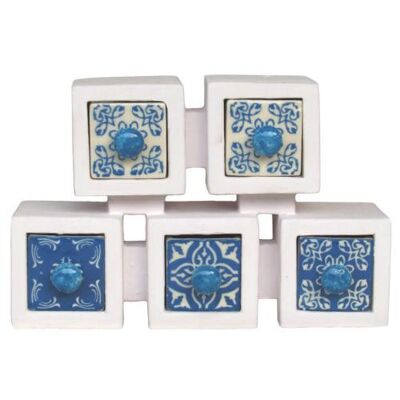 Wooden mini chest blue & white, 5 ceramic drawers (H025)