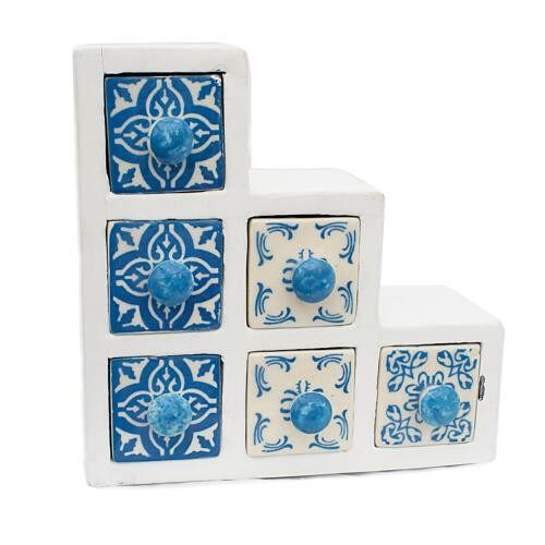Wooden mini chest blue & white, 6 ceramic drawers (H026)