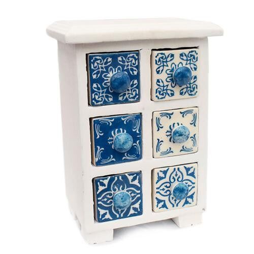 Wooden mini chest blue & white, 6 ceramic drawers (H027)