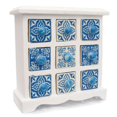 Wooden mini chest blue & white, 9 ceramic drawers (H028)