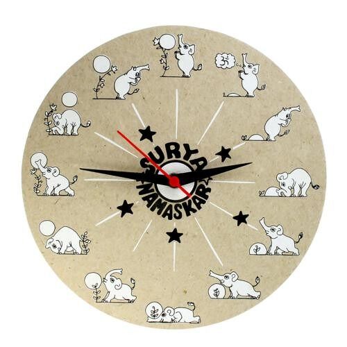 Clock, elephant poo paper/board, Surya Namaskar poses, colours vary (HC016)