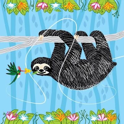 Greetings card cartoon sloth and hummingbird 16x16cm (HOGADL137)