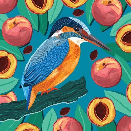 Greetings card "Kingfisher and Peaches" 16x16cm (HOGBEA127)