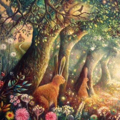 Greetings card "Woodland Hares" 16x16cm (HOGTR110)