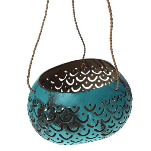 Coconut hanging planter/t-lite holder turquoise, cut out 'smiles' design (ID07)