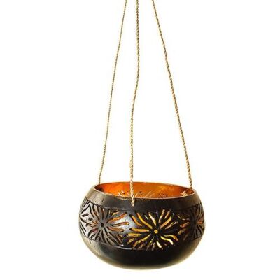 Coconut planter/t-lite holder cut out suns gold colour lacquer inner (ID17)