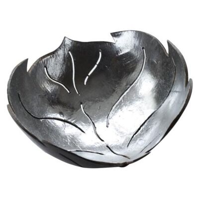 Coconut bowl silver colour lacquer inner, leaf design (ID31)