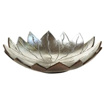 Coconut bowl silver colour lacquer inner, lotus design (ID33)