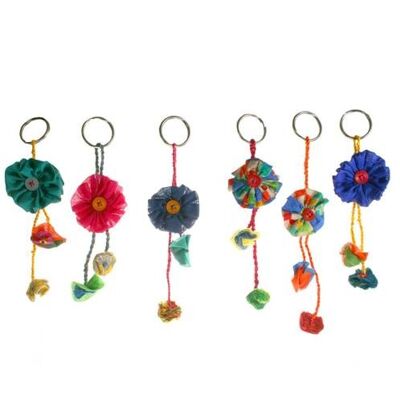 Keychain, Rakhi, flowers, recycled fabric assorted colours, 15cm (JUG18701)