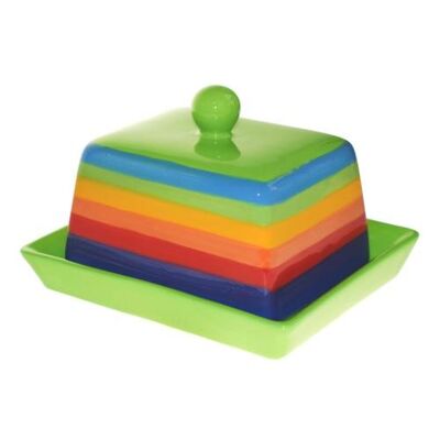 Butter dish with lid rainbow stripes ceramic hand painted (KCFU800)