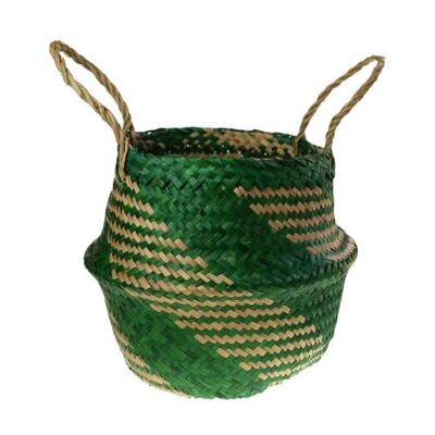 Woven seagrass basket, natural & green 25cm (M020)