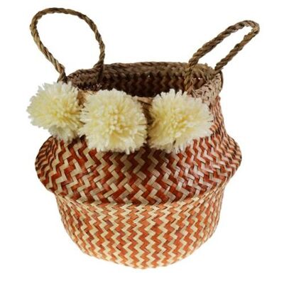 Woven seagrass basket with pompoms, natural & tan 25cm (M026)
