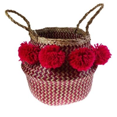 Woven seagrass basket with pompoms, natural & pink 25cm (M027)