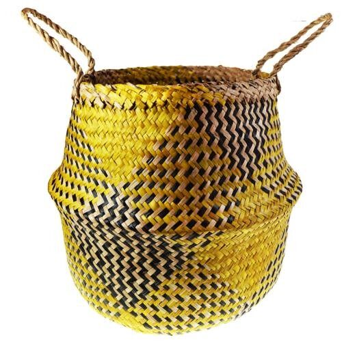 Woven seagrass basket, yellow & black 35cm (M028)